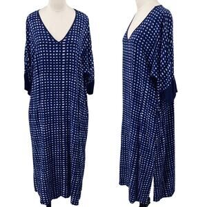 Natori Kaftan Midi Dress V Neck Domlan Sleeve Relaxed Fit Printed Blue White S
